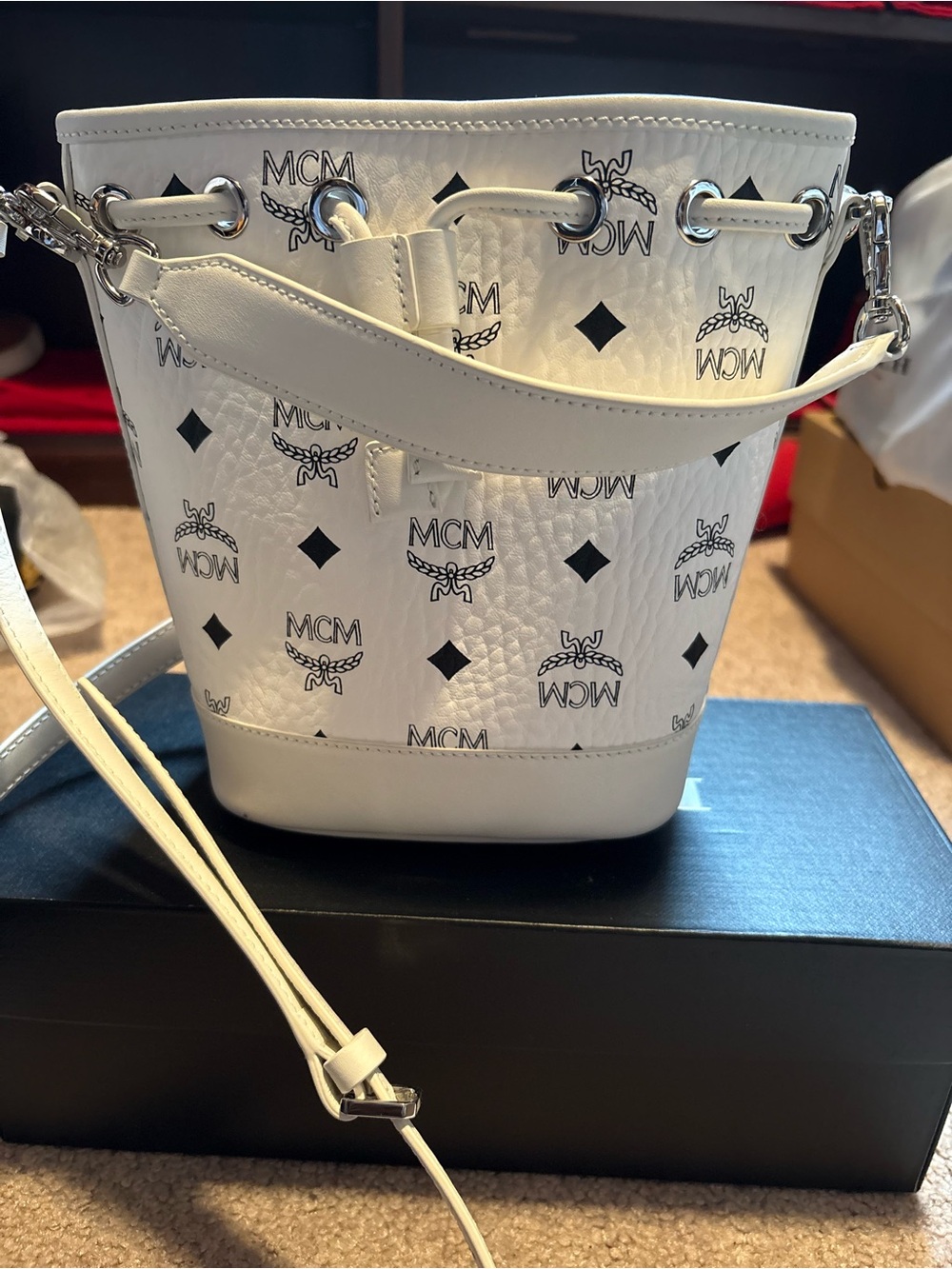 MCM White Visetos Monogram Bucket Crossbody